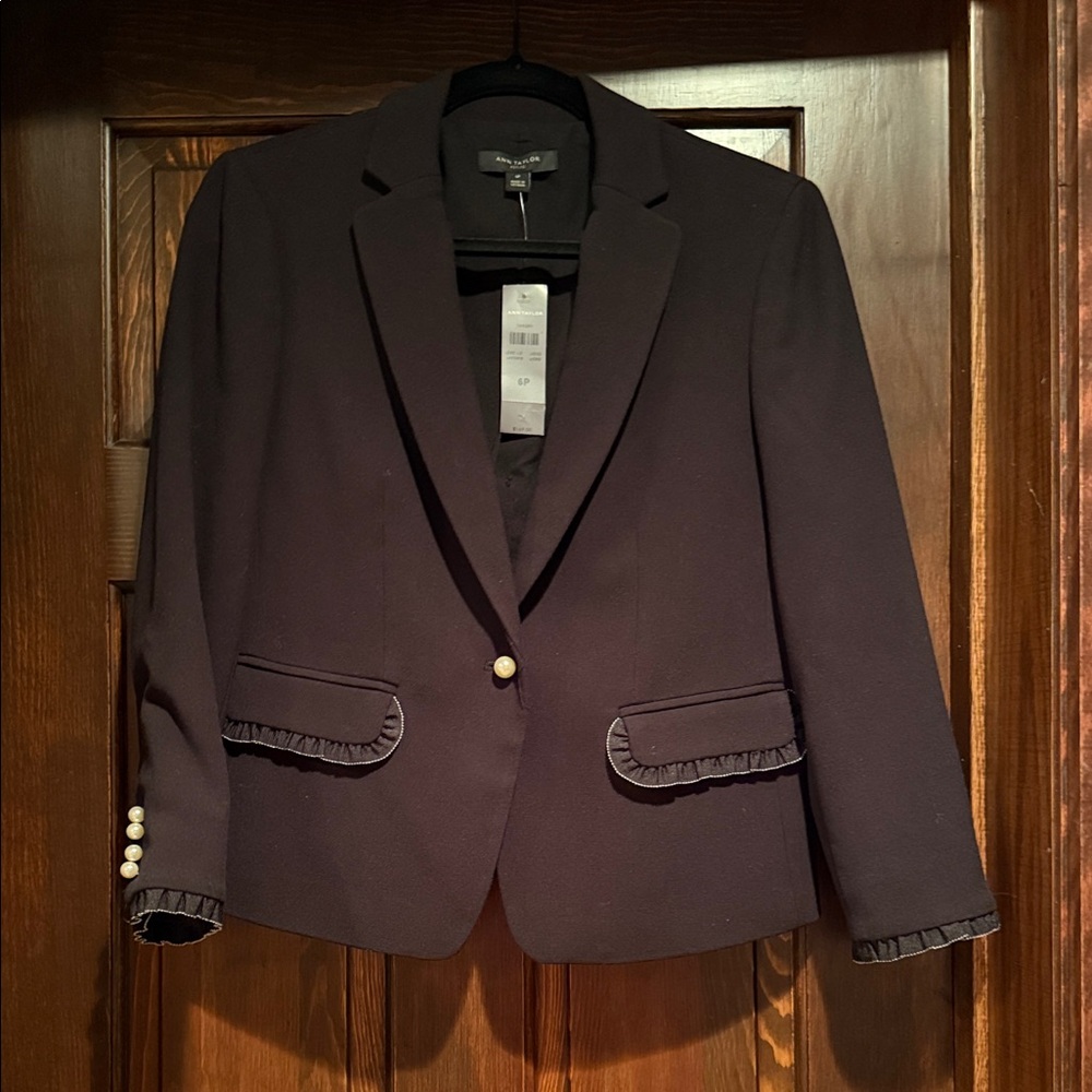 NWT Ann Taylor Elegant Black Blazer with Pearl Details and Ruffle Trim